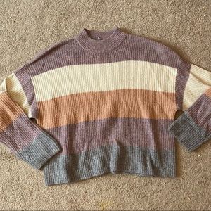 High neck block striped sweater